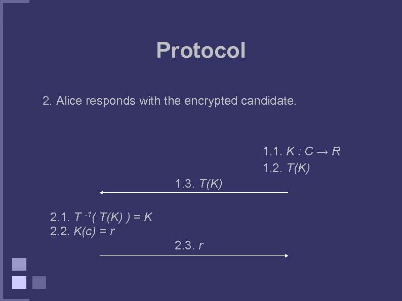 Protocol 2. Alice responds with the encrypted candidate. 1. 1. K : C →