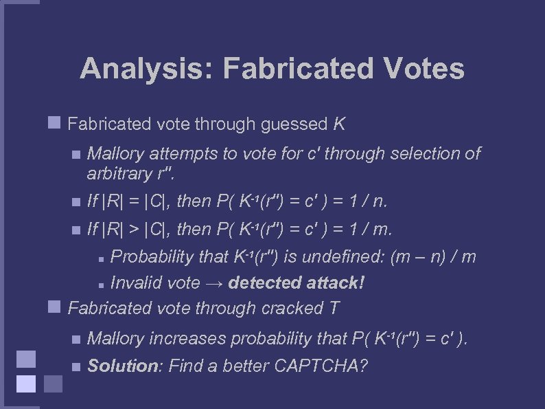 Analysis: Fabricated Votes Fabricated vote through guessed K Mallory attempts to vote for c'