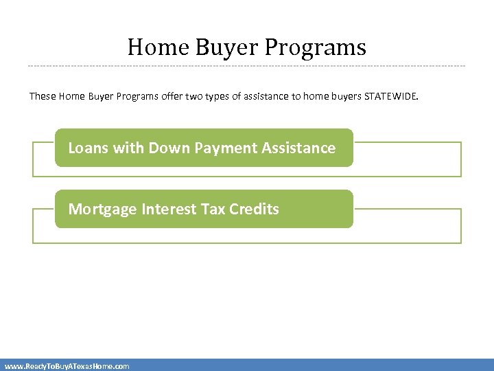 Home Buyer Programs These Home Buyer Programs offer two types of assistance to home