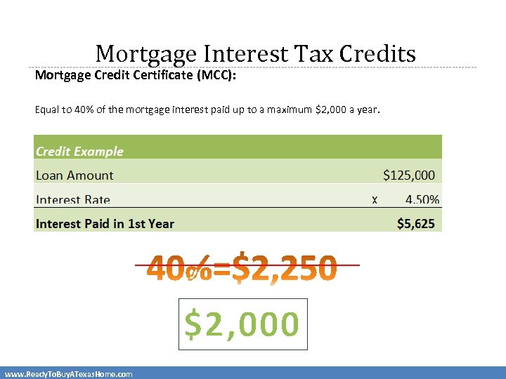 Mortgage Interest Tax Credits Mortgage Credit Certificate (MCC): Equal to 40% of the mortgage