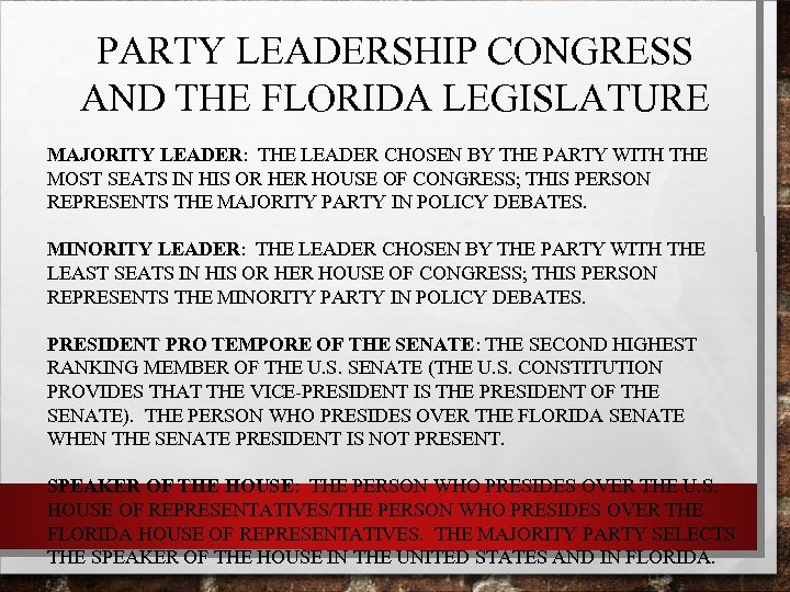 PARTY LEADERSHIP CONGRESS AND THE FLORIDA LEGISLATURE MAJORITY LEADER: THE LEADER CHOSEN BY THE