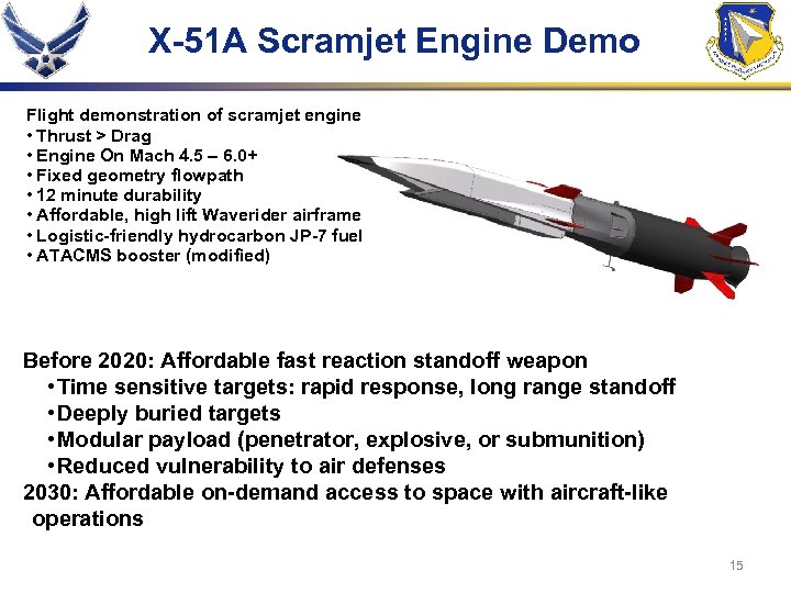 X-51 A Scramjet Engine Demo Flight demonstration of scramjet engine • Thrust > Drag