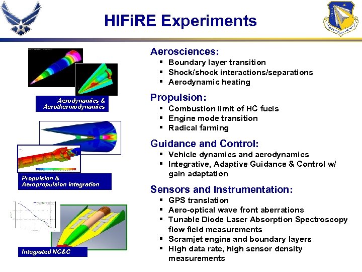 HIFi. RE Experiments Aerosciences: § Boundary layer transition § Shock/shock interactions/separations § Aerodynamic heating