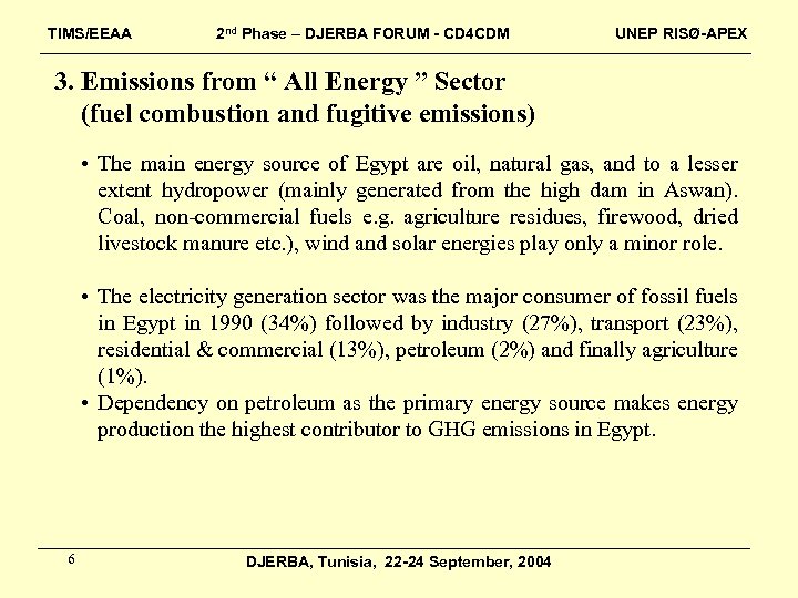 TIMS/EEAA 2 nd Phase – DJERBA FORUM - CD 4 CDM UNEP RISØ-APEX 3.