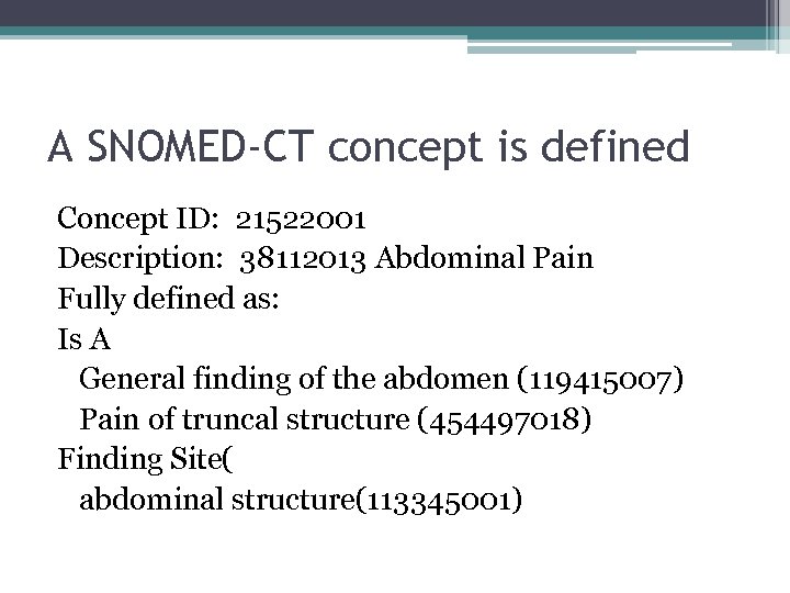 A SNOMED-CT concept is defined Concept ID: 21522001 Description: 38112013 Abdominal Pain Fully defined