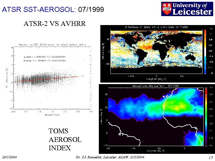 ATSR SST-AEROSOL: 07/1999 ATSR-2 VS AVHRR TOMS AEROSOL INDEX 20/1/2004 Dr. J. J. Remedios,