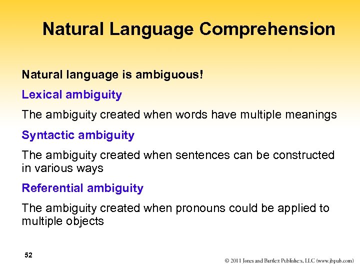 Natural Language Comprehension Natural language is ambiguous! Lexical ambiguity The ambiguity created when words