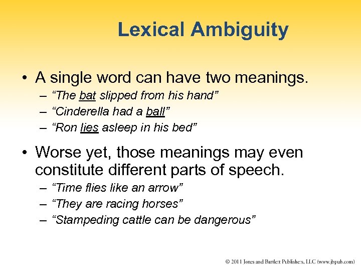 Lexical Ambiguity • A single word can have two meanings. – “The bat slipped