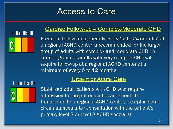 Access to Care Cardiac Follow-up – Complex/Moderate CHD Frequent follow-up (generally every 12 to