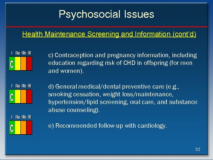 Psychosocial Issues Health Maintenance Screening and Information (cont’d) c) Contraception and pregnancy information, including