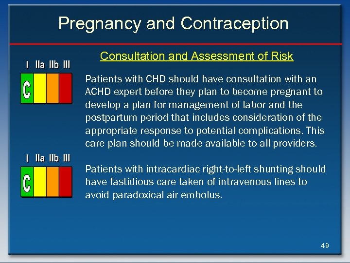 Pregnancy and Contraception Consultation and Assessment of Risk Patients with CHD should have consultation