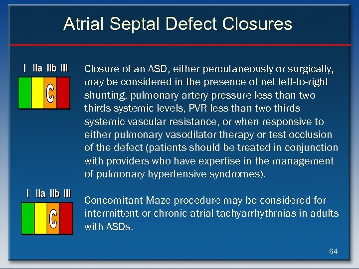 Atrial Septal Defect Closures Closure of an ASD, either percutaneously or surgically, may be