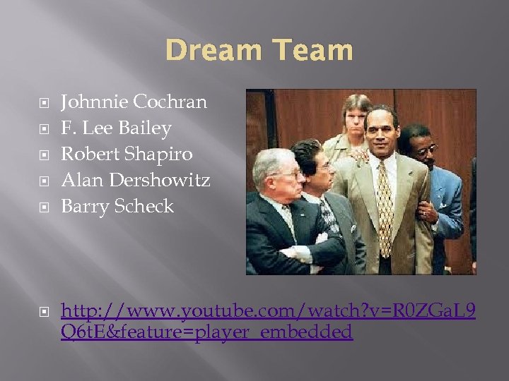 Dream Team Johnnie Cochran F. Lee Bailey Robert Shapiro Alan Dershowitz Barry Scheck http: