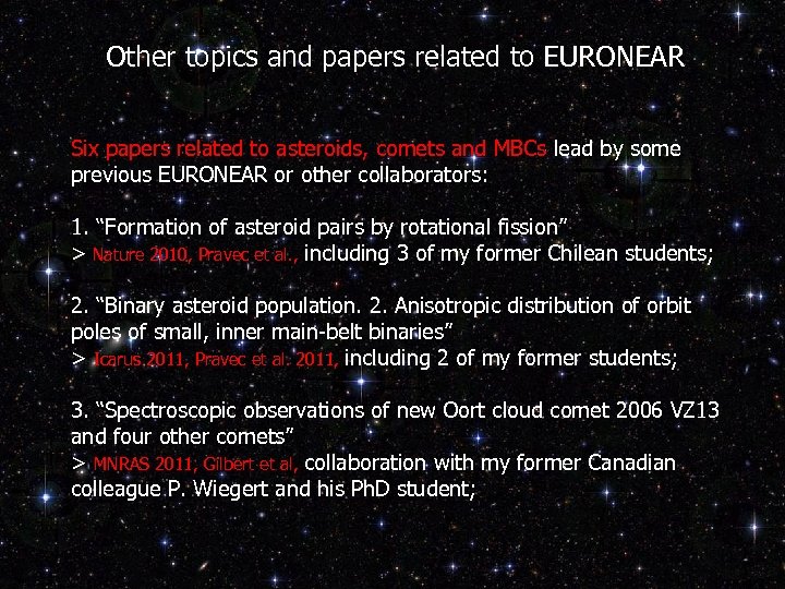 Other topics and papers related to EURONEAR Six papers related to asteroids, comets and