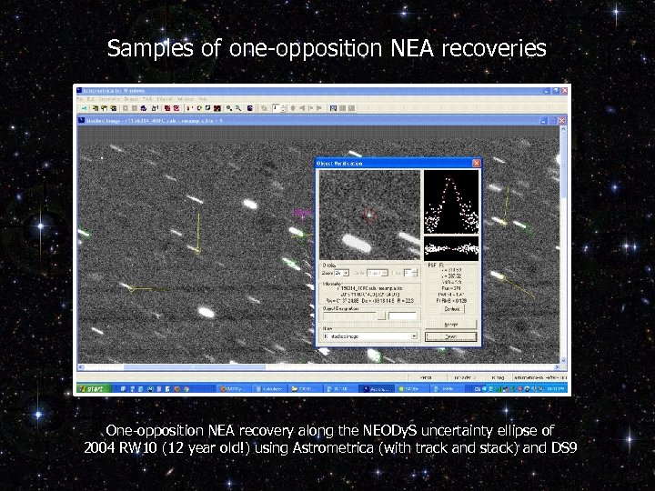 Samples of one-opposition NEA recoveries One-opposition NEA recovery along the NEODy. S uncertainty ellipse