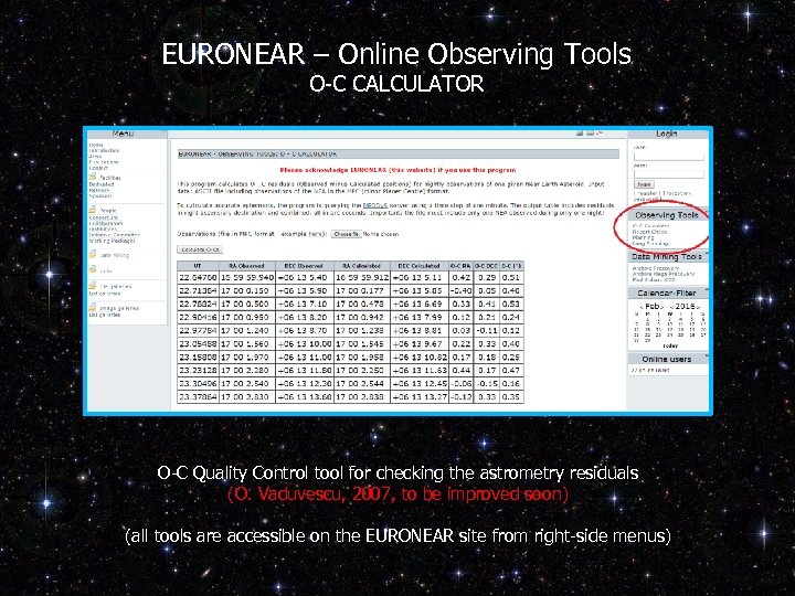 EURONEAR – Online Observing Tools O-C CALCULATOR O-C Quality Control tool for checking the