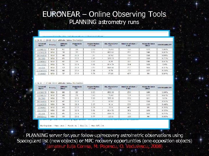 EURONEAR – Online Observing Tools PLANNING astrometry runs PLANNING server for your follow-up/recovery astrometric