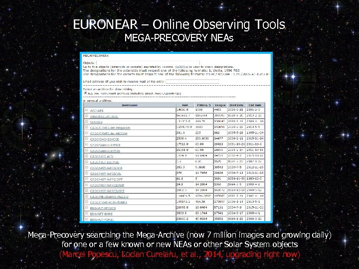 EURONEAR – Online Observing Tools MEGA-PRECOVERY NEAs Mega-Precovery searching the Mega-Archive (now 7 million