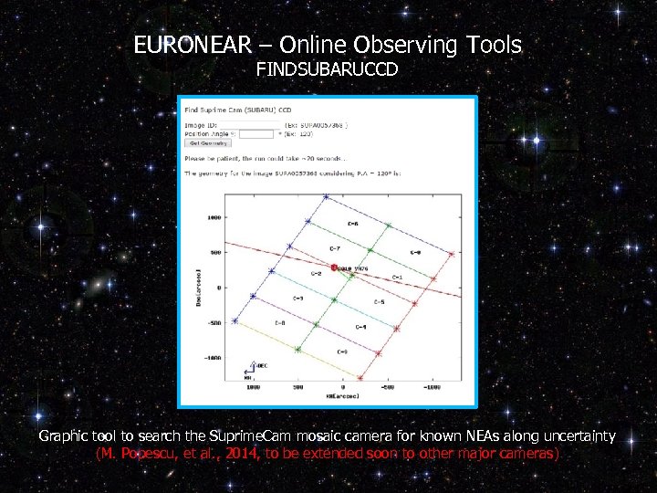 EURONEAR – Online Observing Tools FINDSUBARUCCD Graphic tool to search the Suprime. Cam mosaic