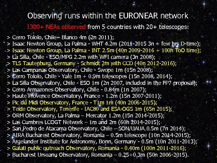 Observing runs within the EURONEAR network 1300+ NEAs observed from 5 countries with 20+