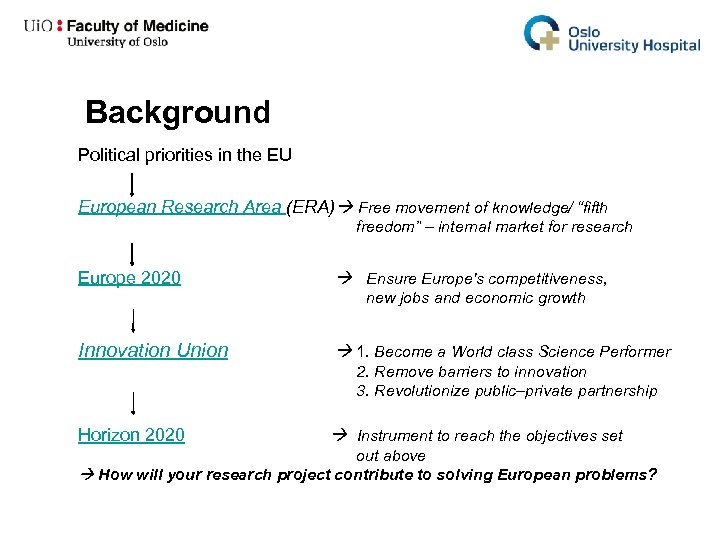 Background Political priorities in the EU European Research Area (ERA) Free movement of knowledge/