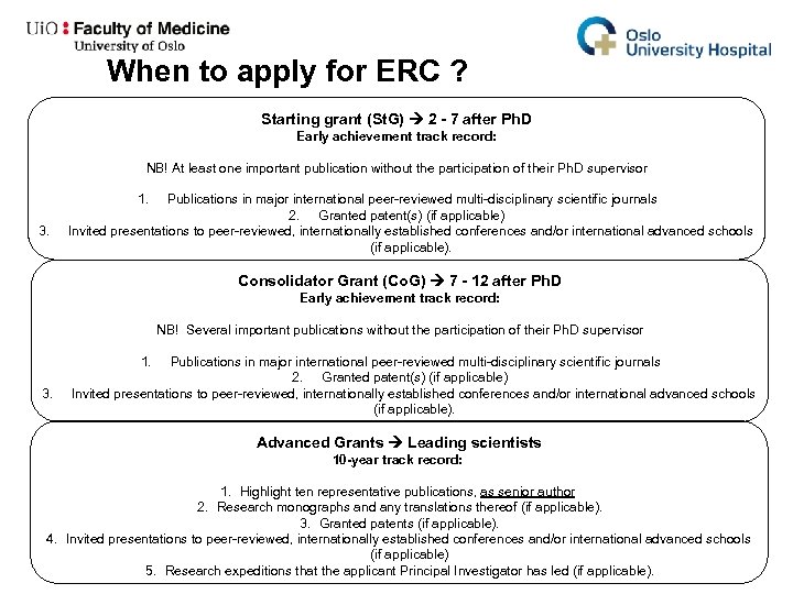 When to apply for ERC ? Starting grant (St. G) 2 - 7 after