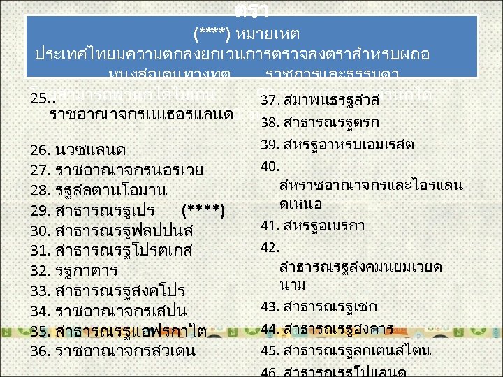 ตรา (****) หมายเหต ประเทศไทยมความตกลงยกเวนการตรวจลงตราสำหรบผถอ หนงสอเดนทางทต ราชการ และธรรมดา โดยสามารถพำนกไดไมเกน 90 วน (แทนทจะพำนกได 25. . 37.