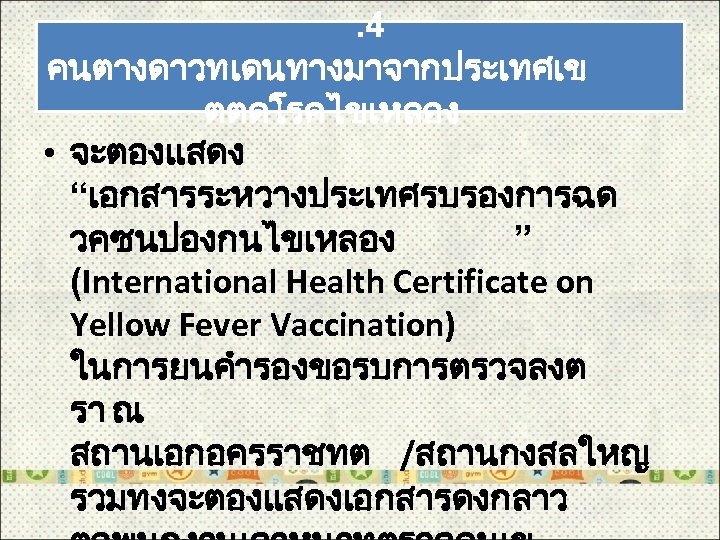 . 4 คนตางดาวทเดนทางมาจากประเทศเข ตตดโรคไขเหลอง • จะตองแสดง “เอกสารระหวางประเทศรบรองการฉด วคซนปองกนไขเหลอง ” (International Health Certificate on Yellow