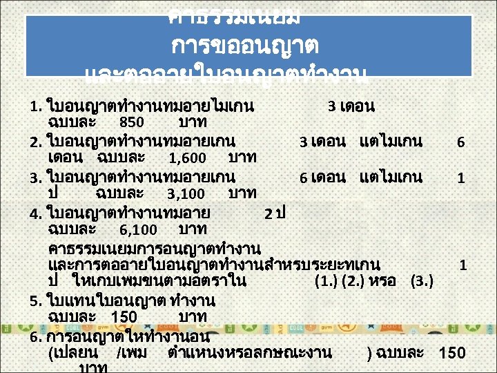 คาธรรมเนยม การขออนญาต และตออายใบอนญาตทำงาน 1. ใบอนญาตทำงานทมอายไมเกน 3 เดอน ฉบบละ 850 บาท 2. ใบอนญาตทำงานทมอายเกน 3 เดอน