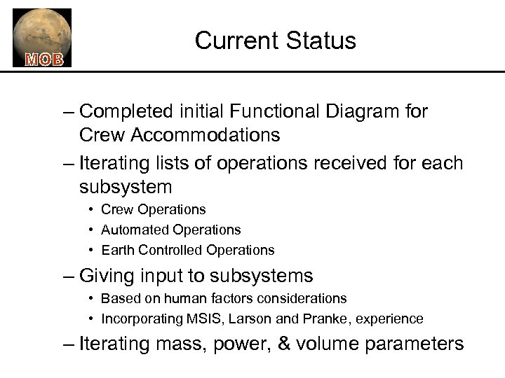 Current Status – Completed initial Functional Diagram for Crew Accommodations – Iterating lists of