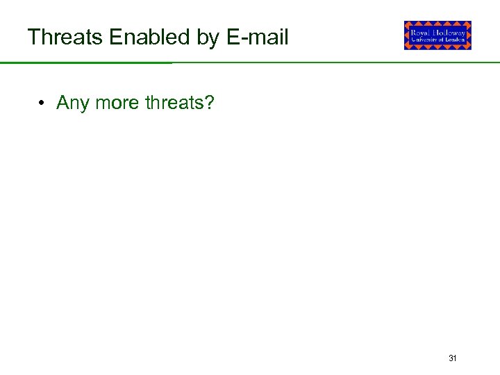 Threats Enabled by E-mail • Any more threats? 31 