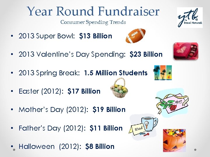Year Round Fundraiser Consumer Spending Trends • 2013 Super Bowl: $13 Billion • 2013