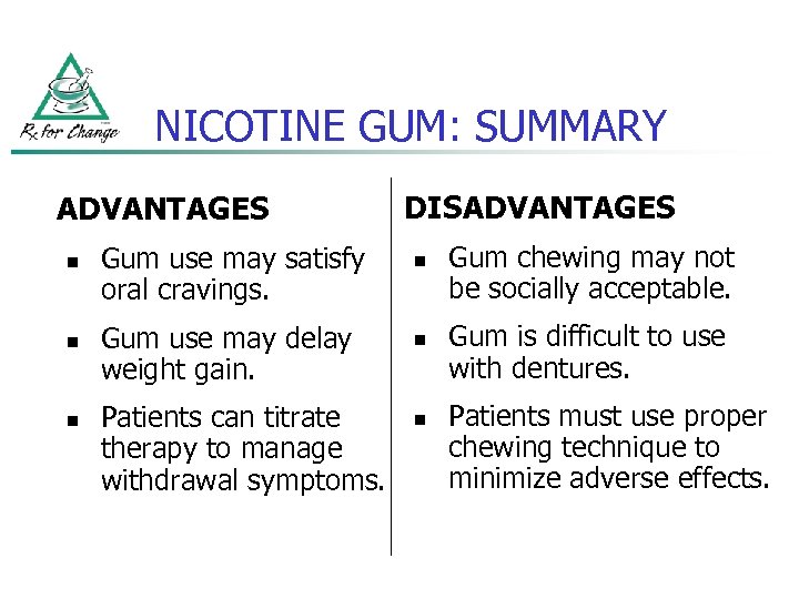 NICOTINE GUM: SUMMARY ADVANTAGES n n n Gum use may satisfy oral cravings. Gum