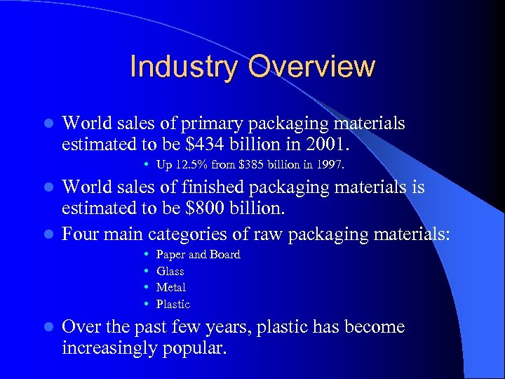 Industry Overview l World sales of primary packaging materials estimated to be $434 billion