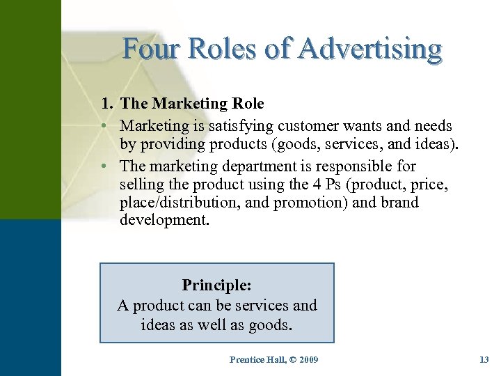 Four Roles of Advertising 1. The Marketing Role • Marketing is satisfying customer wants