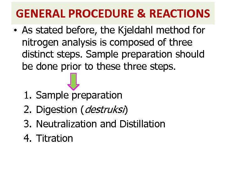 GENERAL PROCEDURE & REACTIONS • As stated before, the Kjeldahl method for nitrogen analysis