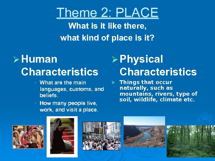 Theme 2: PLACE What is it like there, what kind of place is it?