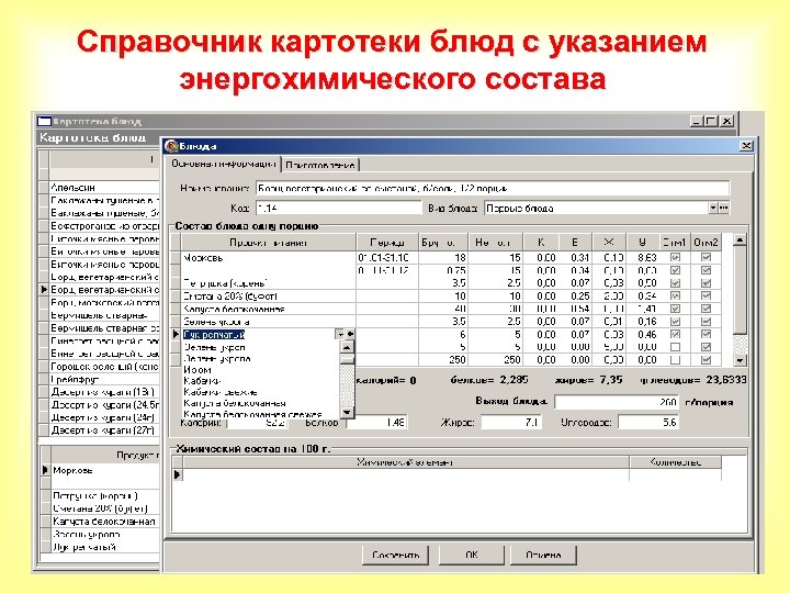 Справочник картотеки блюд с указанием энергохимического состава 