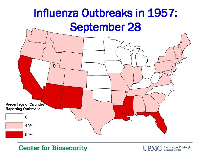Influenza Outbreaks in 1957: September 28 Percentage of Counties Reporting Outbreaks 0 10% 50%