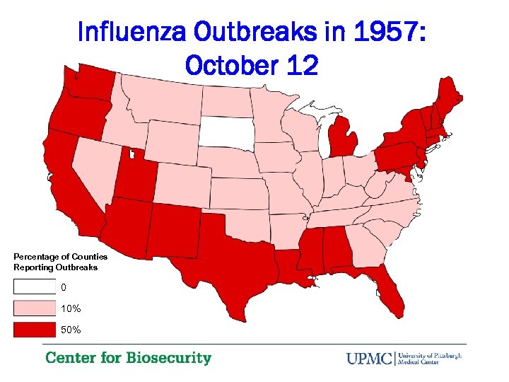 Influenza Outbreaks in 1957: October 12 Percentage of Counties Reporting Outbreaks 0 10% 50%