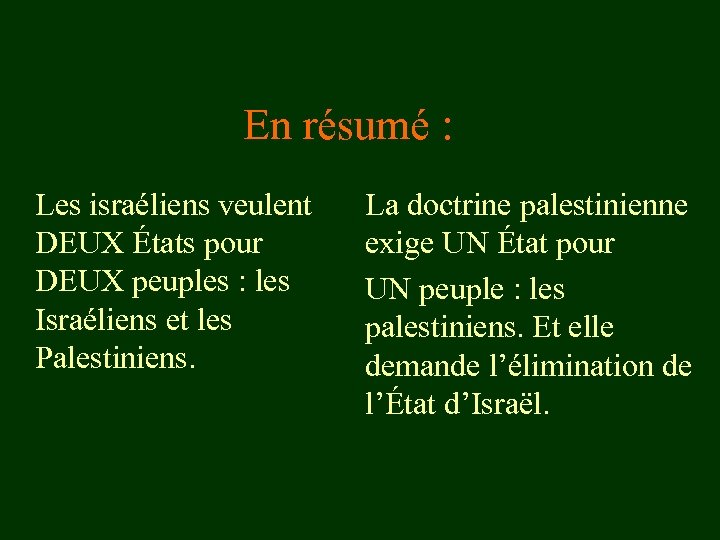 En résumé : Les israéliens veulent DEUX États pour DEUX peuples : les Israéliens