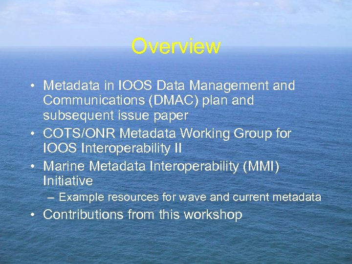 Overview • Metadata in IOOS Data Management and Communications (DMAC) plan and subsequent issue
