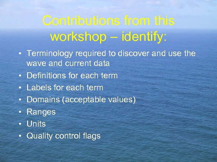 Contributions from this workshop – identify: • Terminology required to discover and use the