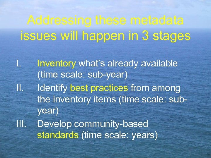 Addressing these metadata issues will happen in 3 stages I. II. Inventory what’s already