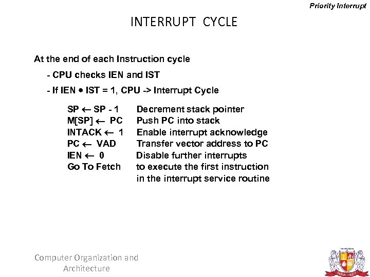 Priority Interrupt INTERRUPT CYCLE At the end of each Instruction cycle - CPU checks