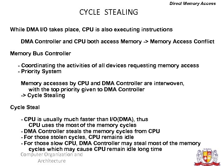 Direct Memory Access CYCLE STEALING While DMA I/O takes place, CPU is also executing