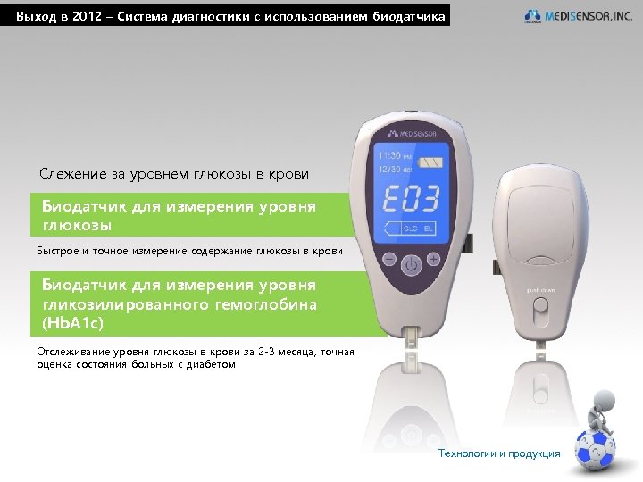 Выход в 2012 – Система диагностики с использованием биодатчика Слежение за уровнем глюкозы в