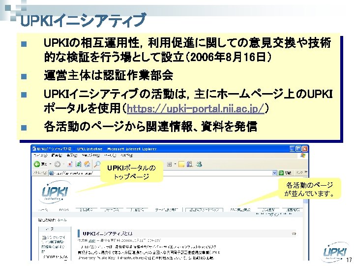 UPKIイニシアティブ n UPKIの相互運用性，利用促進に関しての意見交換や技術 的な検証を行う場として設立（2006年 8月16日） n 運営主体は認証作業部会 n UPKIイニシアティブの活動は，主にホームページ上のUPKI ポータルを使用（https: //upki-portal. nii. ac. jp/）