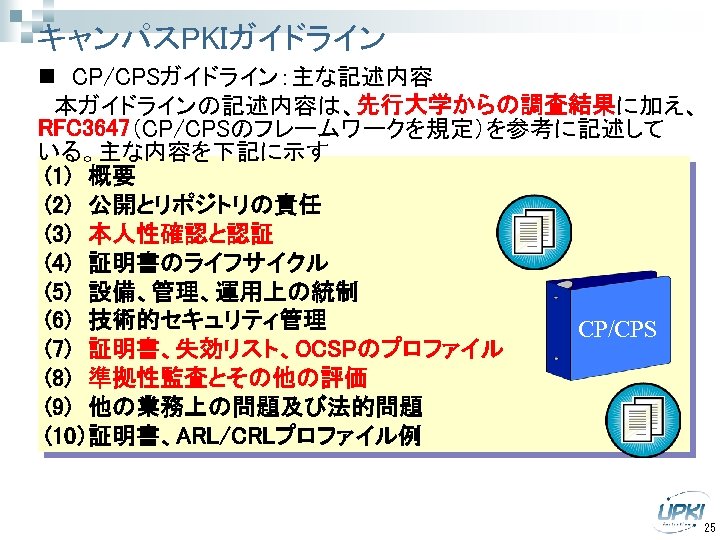 キャンパスPKIガイドライン n　CP/CPSガイドライン：主な記述内容 　本ガイドラインの記述内容は、先行大学からの調査結果に加え、 RFC 3647（CP/CPSのフレームワークを規定）を参考に記述して いる。主な内容を下記に示す (1)　概要 (2)　公開とリポジトリの責任 (3)　本人性確認と認証 (4)　証明書のライフサイクル (5)　設備、管理、運用上の統制 (6)　技術的セキュリティ管理 CP/CPS (7)　証明書、失効リスト、OCSPのプロファイル