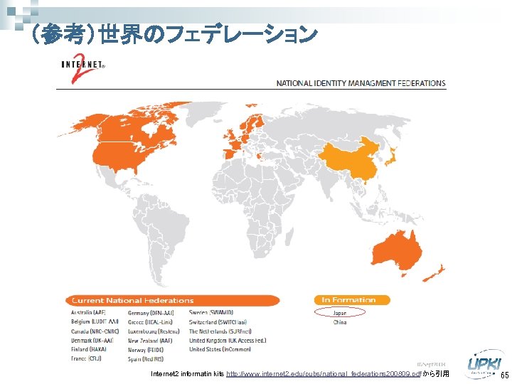 （参考）世界のフェデレーション Internet 2 informatin kits http: //www. internet 2. edu/pubs/national_federations 200809. pdf から引用 65